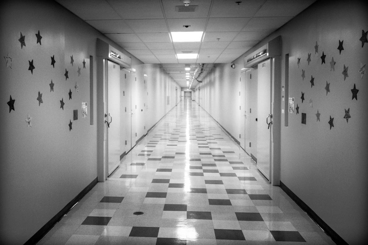 Looking down the main corridor at Alameda County Juvenile Hall in San Leandro, California.