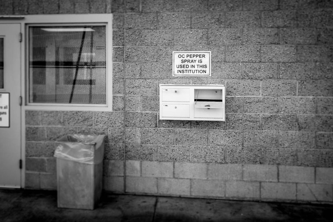 A sign indicating that pepper spray is used at Alameda County Juvenile Hall.