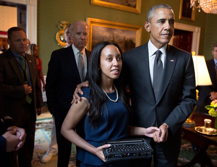 President Barack Obama waits with Disabilities Rights Advocate Haben Girma in the green room