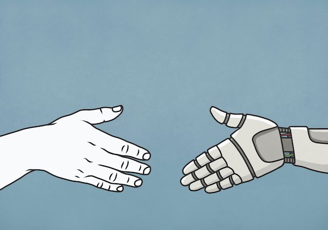 A cartoon human hand is reaching out to a cartoon robot hand, appearing as if both of them will meet each other in the middle to shake hands.